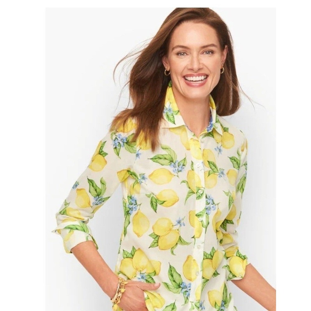 Talbots Button Front Shirt Size MP Lemon Blossom Cotton Long Sleeve Fruit Print